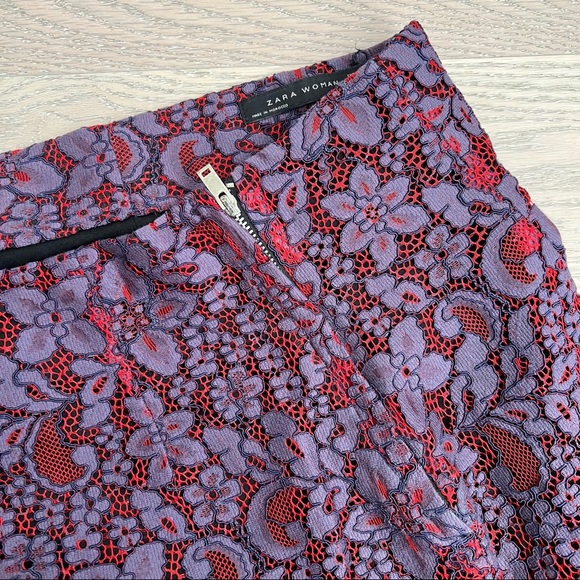 zara • red purple mauve two tone floral lace side zip midi work skirt • m - Picture 14 of 14